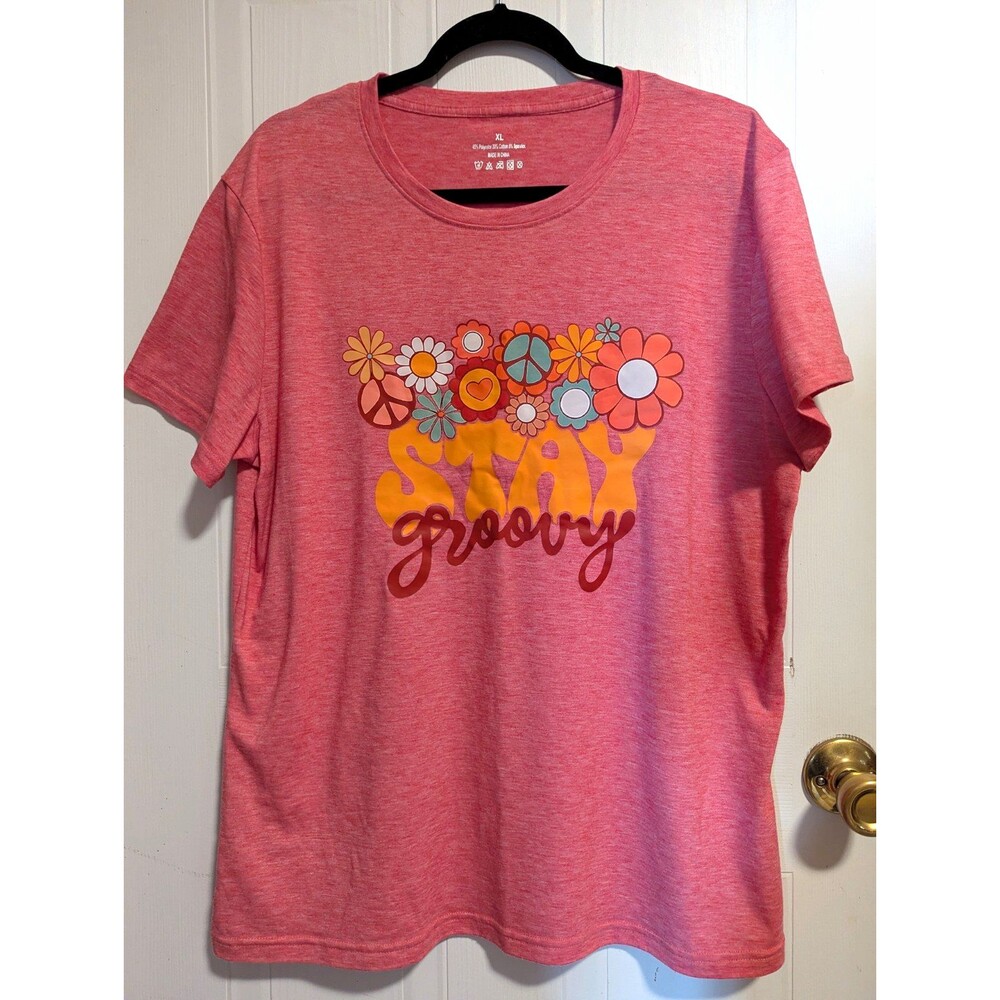 Women's XL Heather Pink Groovy Peace Hippie Graphic Tee Crew Neck Boho T-shirt